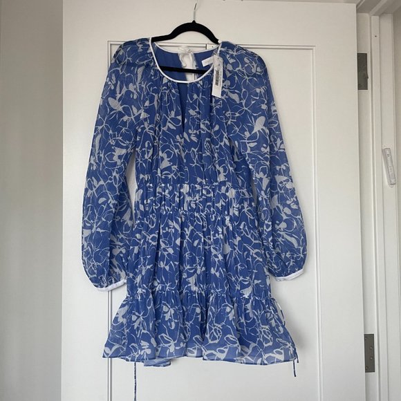 Jonathan Simkhai Harlowe Blouson Mini Dress Floral Print Pleated Keyhole Neck - Picture 6 of 11